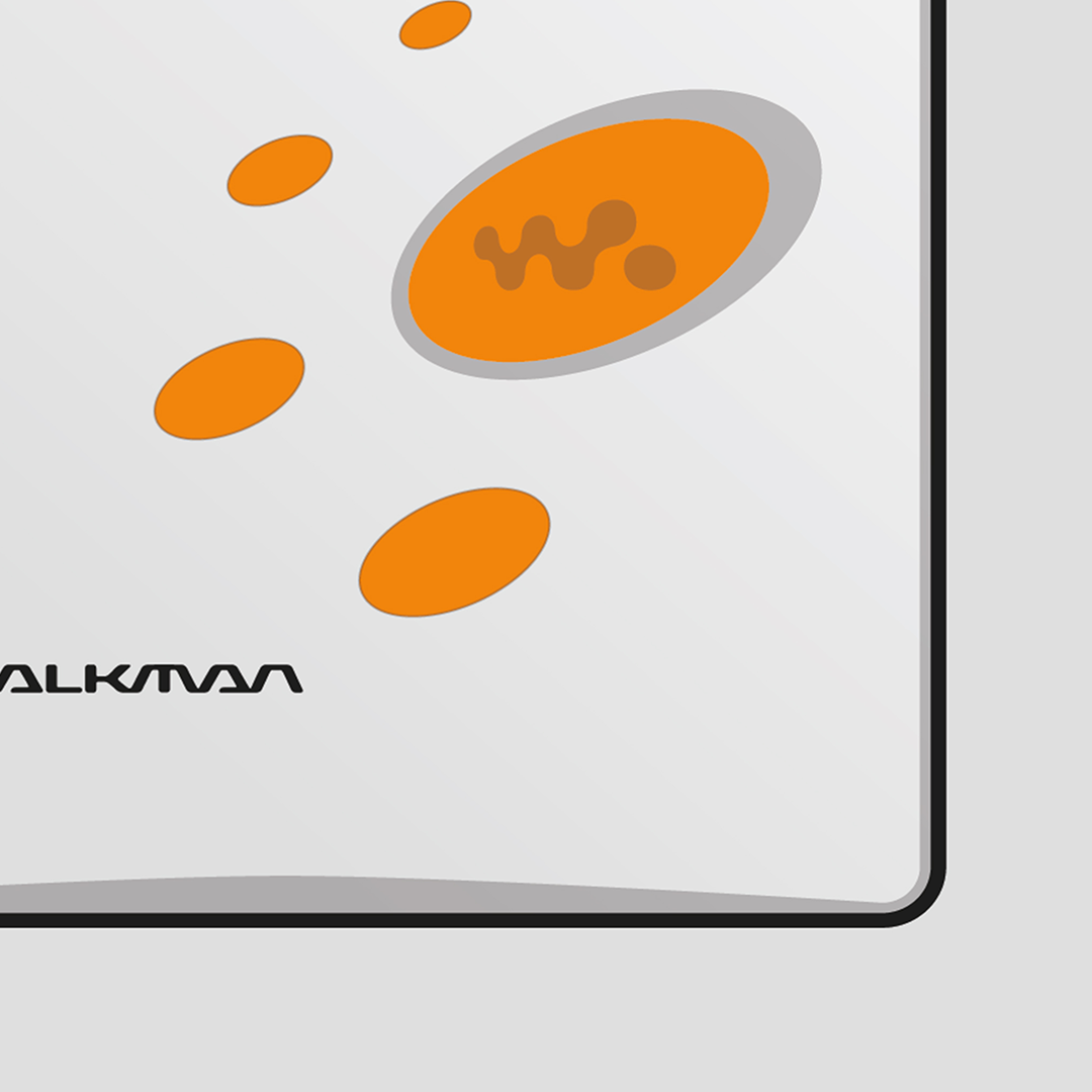 An original Sony MZ-E520 MiniDisc player poster design - a minimal illustration of Sony's iconic MZ-E520 MD player in the grey and orange colour way, on a clean grey background.