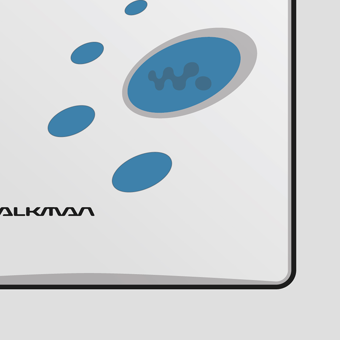 An original Sony MZ-E520 MiniDisc player poster design - a minimal illustration of Sony's iconic MZ-E520 MD player in the grey and blue colour way, on a clean grey background.