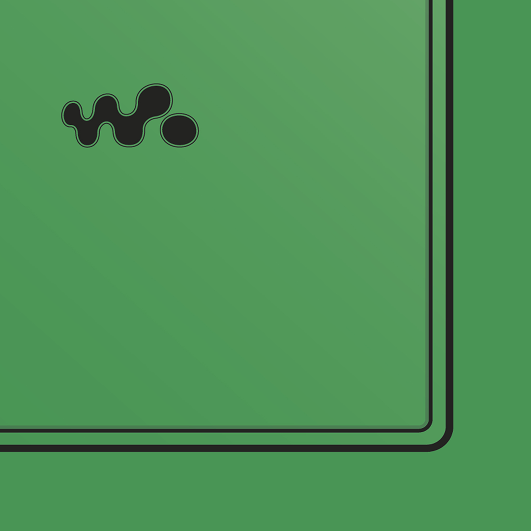 An original Sony MZ-E620 MiniDisc player poster design - a minimal illustration of Sony's iconic MZ-E620 MD player in the green colour way, on a clean green background.