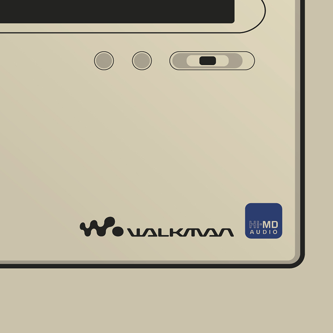 An original Sony MZ-NH1 MiniDisc recorder poster design - a minimal illustration of Sony's iconic MZ-NH1 MD player in the gold colour way, on a clean background.