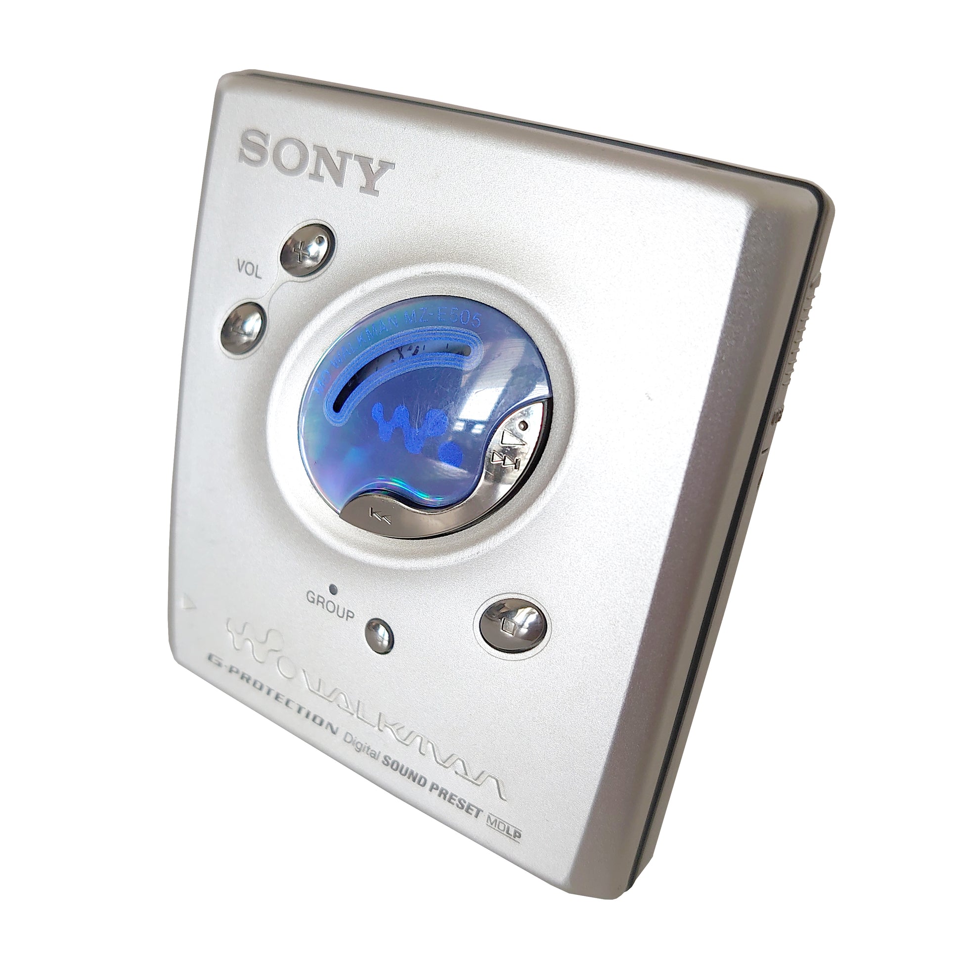 A vintage silver Sony MZ-E505 MiniDisc player front view