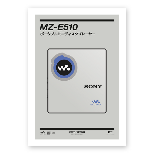 An original Sony MZ-E510 MiniDisc player poster design - a minimal illustration of Sony's iconic MZ-E510 MD player in the grey and blue colour way, on a clean grey background.