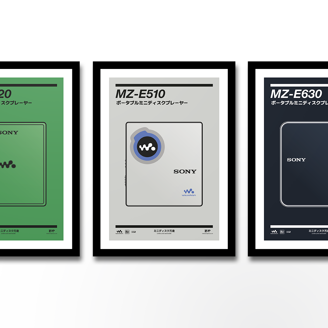 An original Sony MZ-E510 MiniDisc player poster design - a minimal illustration of Sony's iconic MZ-E510 MD player in the grey and blue colour way, on a clean grey background.