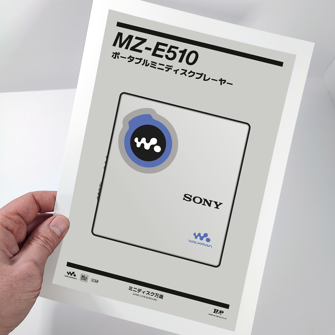 An original Sony MZ-E510 MiniDisc player poster design - a minimal illustration of Sony's iconic MZ-E510 MD player in the grey and blue colour way, on a clean grey background.