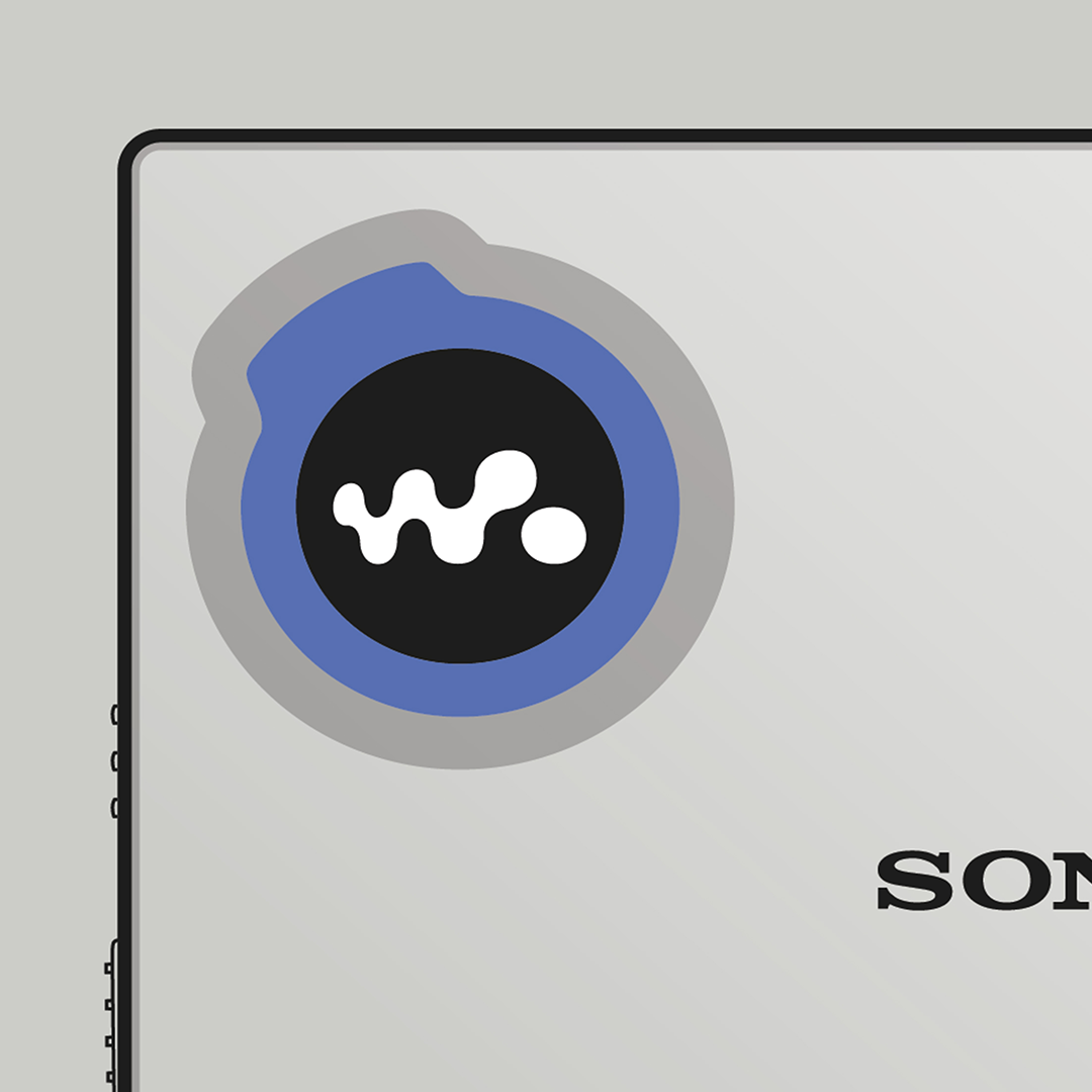 An original Sony MZ-E510 MiniDisc player poster design - a minimal illustration of Sony's iconic MZ-E510 MD player in the grey and blue colour way, on a clean grey background.