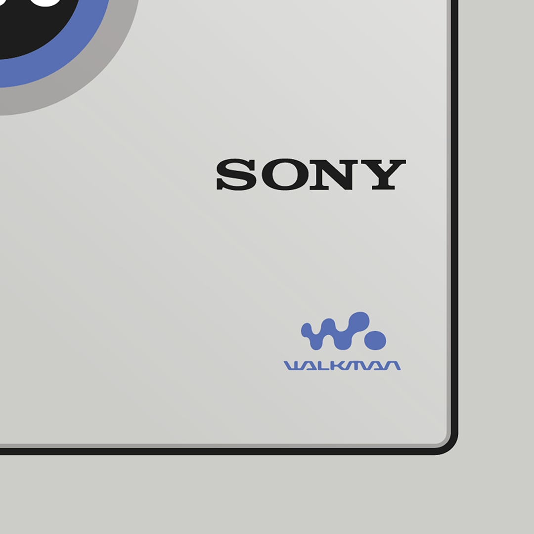 An original Sony MZ-E510 MiniDisc player poster design - a minimal illustration of Sony's iconic MZ-E510 MD player in the grey and blue colour way, on a clean grey background.