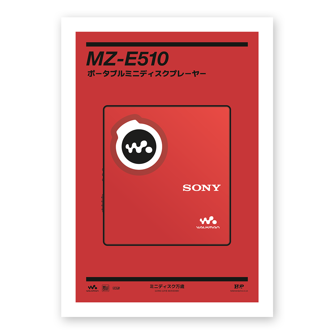 An original Sony MZ-E510 MiniDisc player poster design - a minimal illustration of Sony's iconic MZ-E510 MD player in the red colour way, on a clean red background.