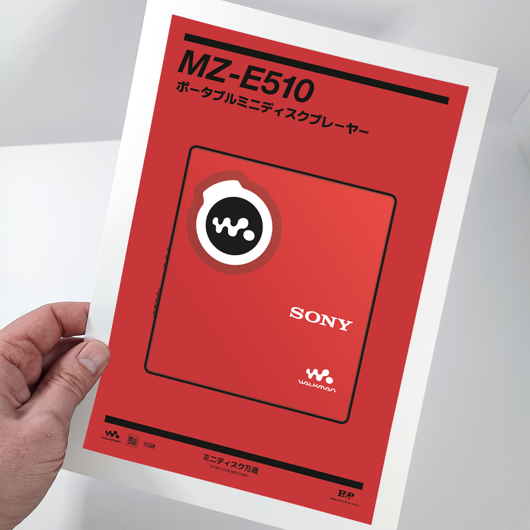 An original Sony MZ-E510 MiniDisc player poster design - a minimal illustration of Sony's iconic MZ-E510 MD player in the red colour way, on a clean red background.