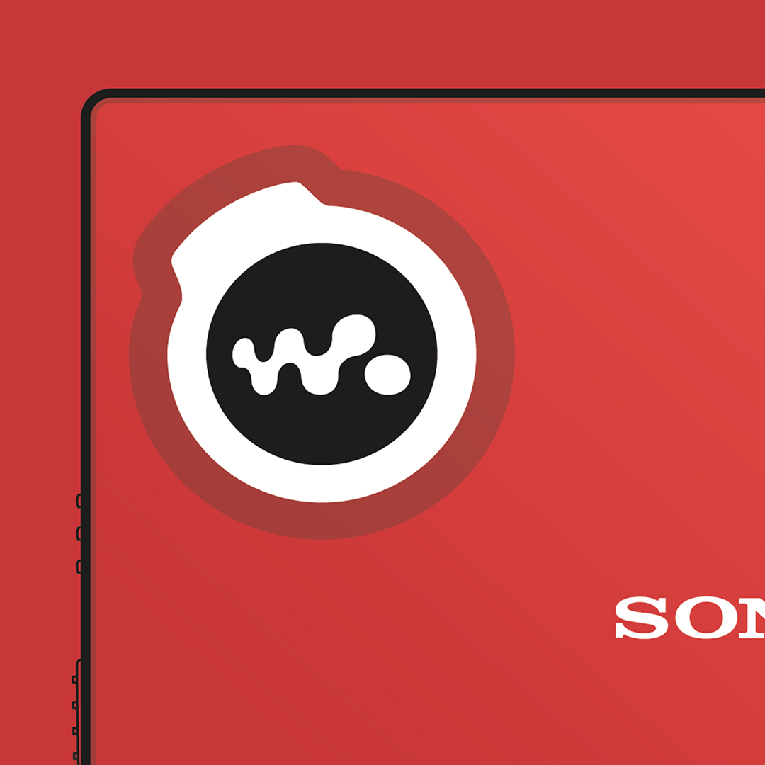 An original Sony MZ-E510 MiniDisc player poster design - a minimal illustration of Sony's iconic MZ-E510 MD player in the red colour way, on a clean red background.