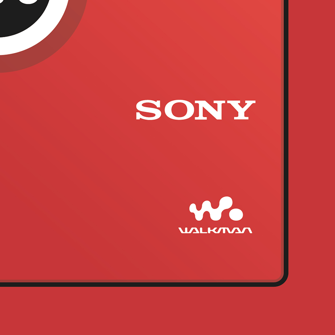 An original Sony MZ-E510 MiniDisc player poster design - a minimal illustration of Sony's iconic MZ-E510 MD player in the red colour way, on a clean red background.