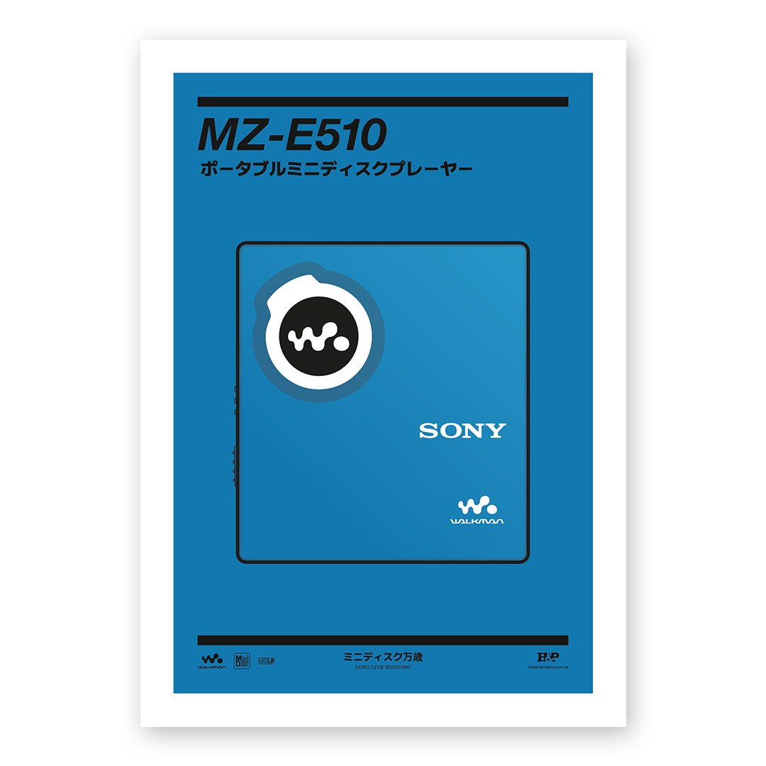 An original Sony MZ-E510 MiniDisc player poster design - a minimal illustration of Sony's iconic MZ-E510 MD player in the blue colour way, on a clean blue background.