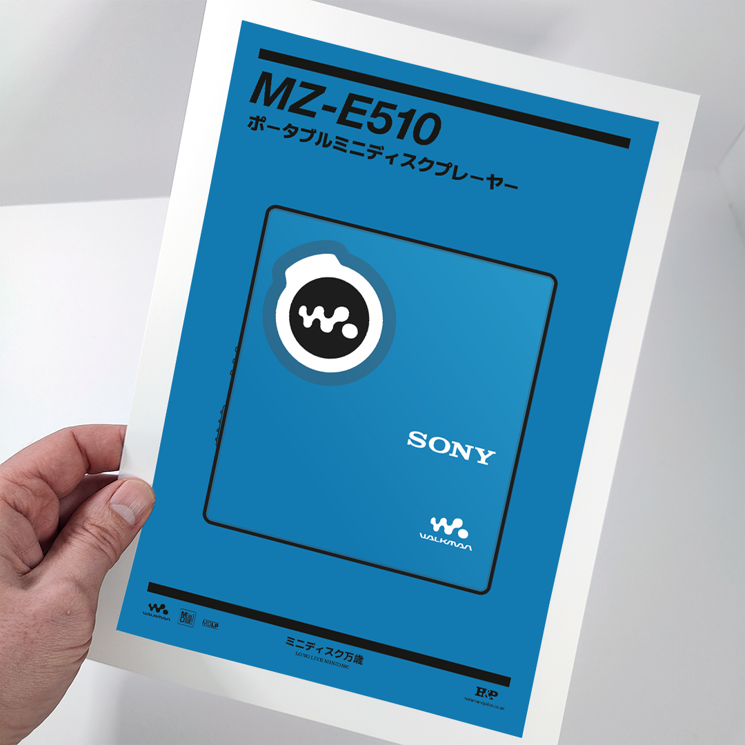 An original Sony MZ-E510 MiniDisc player poster design - a minimal illustration of Sony's iconic MZ-E510 MD player in the blue colour way, on a clean blue background.