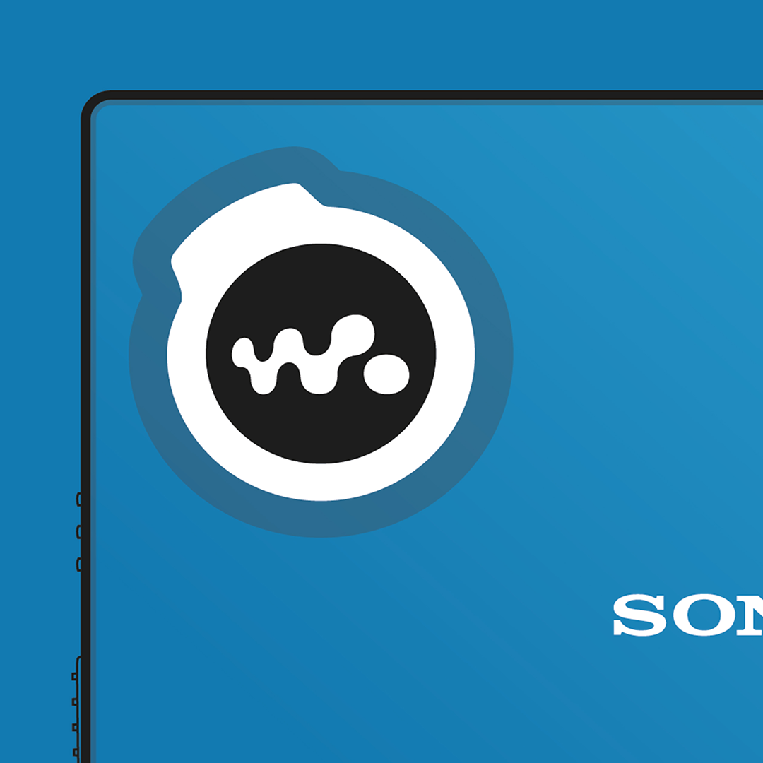 An original Sony MZ-E510 MiniDisc player poster design - a minimal illustration of Sony's iconic MZ-E510 MD player in the blue colour way, on a clean blue background.