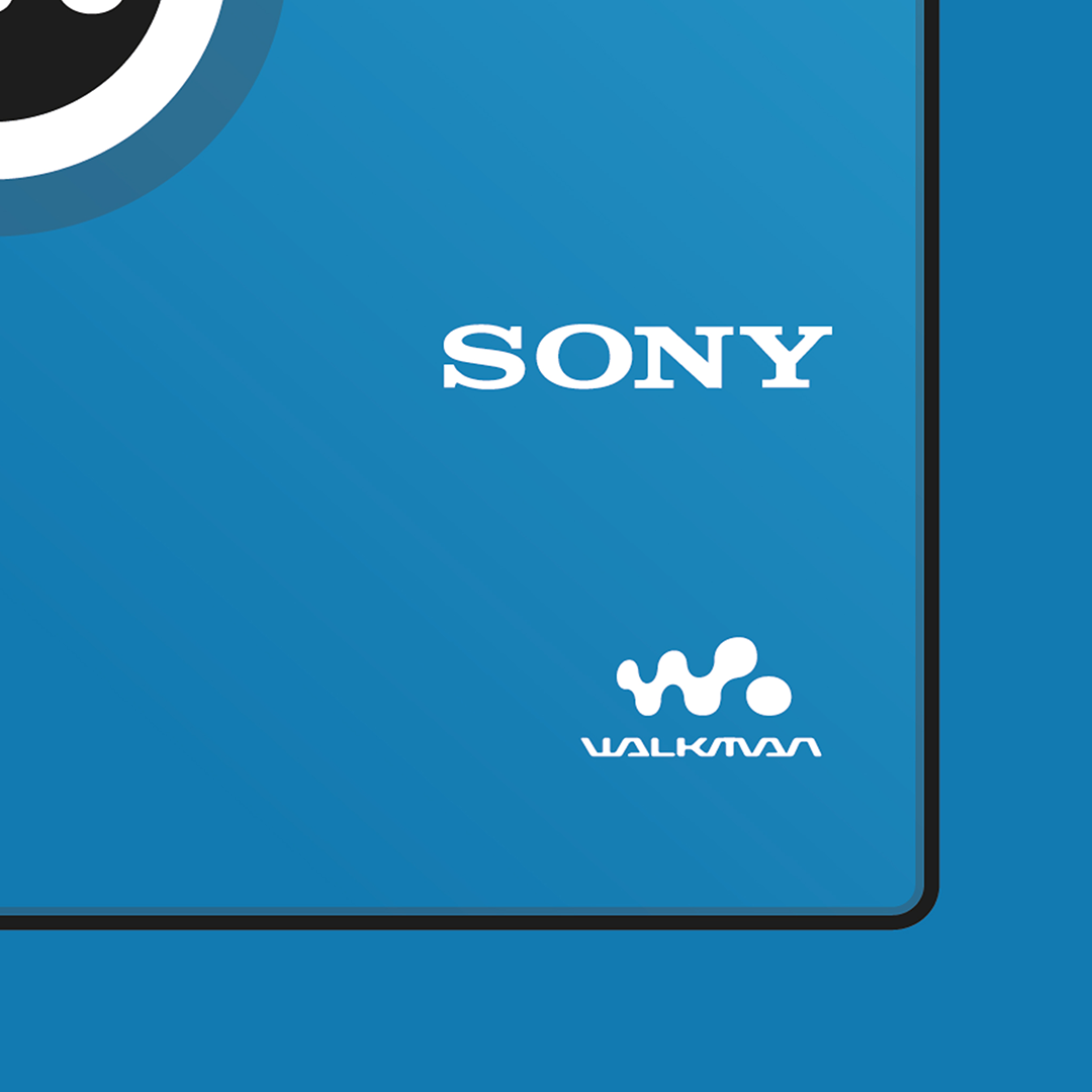 An original Sony MZ-E510 MiniDisc player poster design - a minimal illustration of Sony's iconic MZ-E510 MD player in the blue colour way, on a clean blue background.