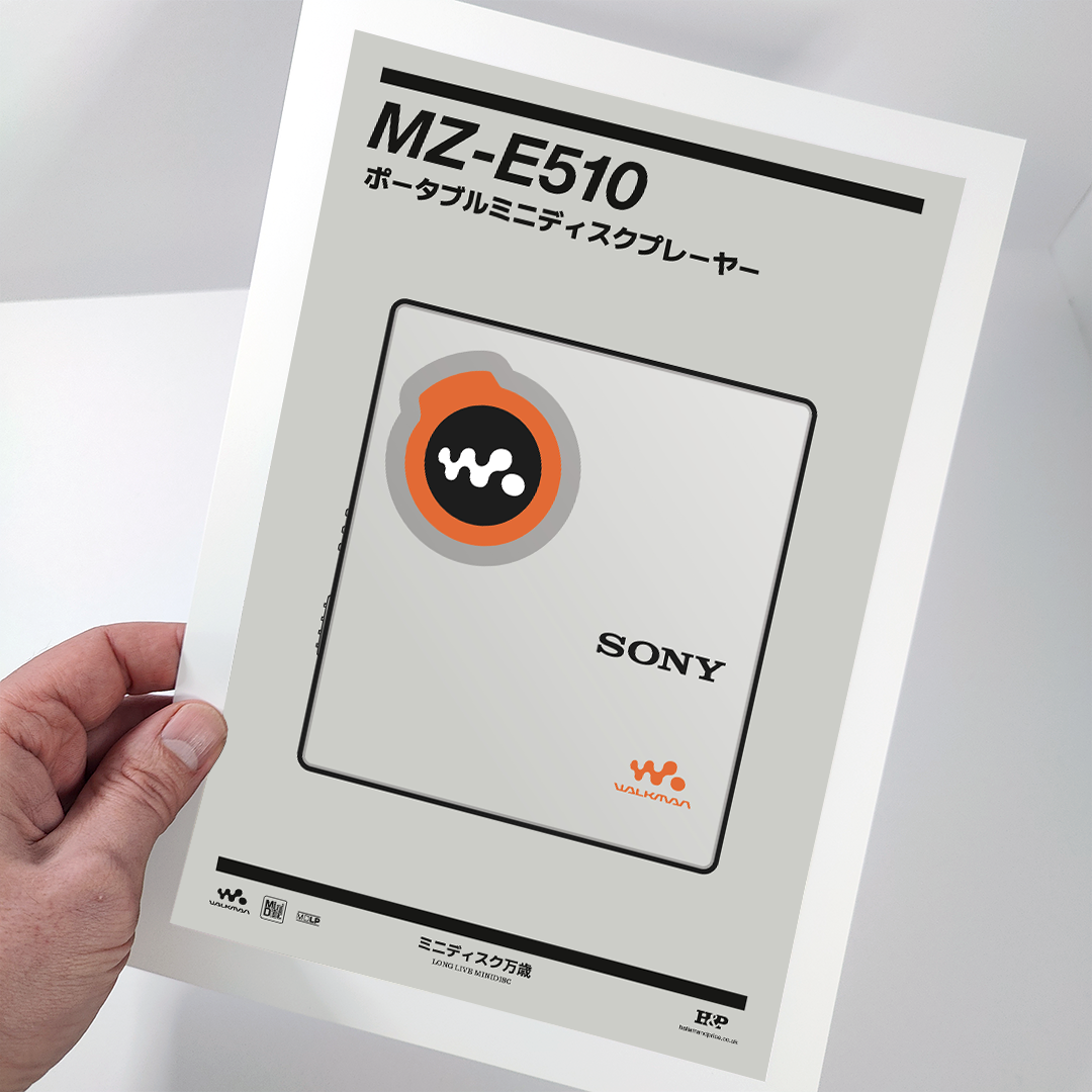 An original Sony MZ-E510 MiniDisc player poster design - a minimal illustration of Sony's iconic MZ-E510 MD player in the grey and orange colour way, on a clean grey background.