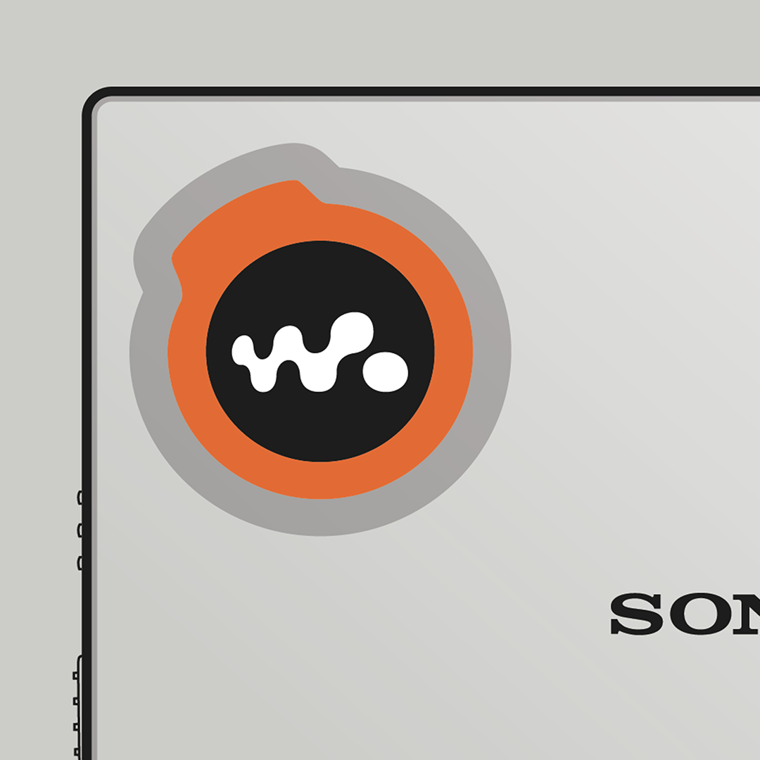 An original Sony MZ-E510 MiniDisc player poster design - a minimal illustration of Sony's iconic MZ-E510 MD player in the grey and orange colour way, on a clean grey background.