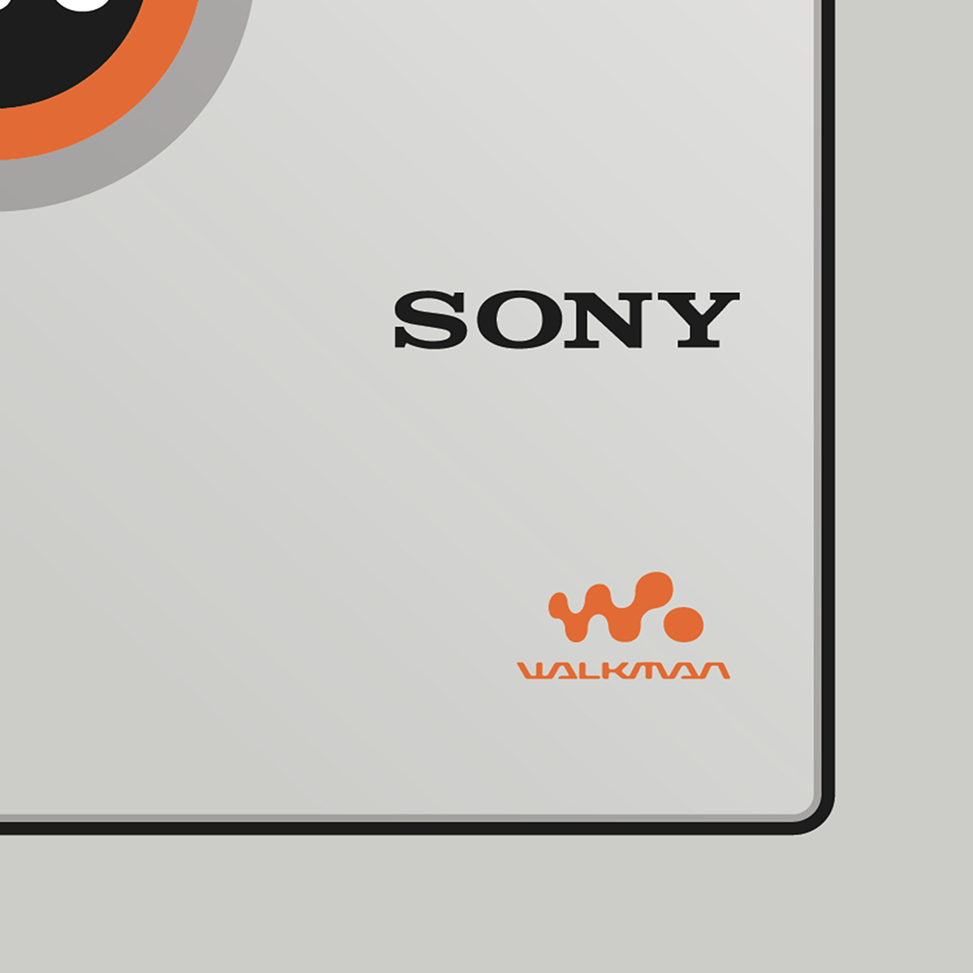 An original Sony MZ-E510 MiniDisc player poster design - a minimal illustration of Sony's iconic MZ-E510 MD player in the grey and orange colour way, on a clean grey background.