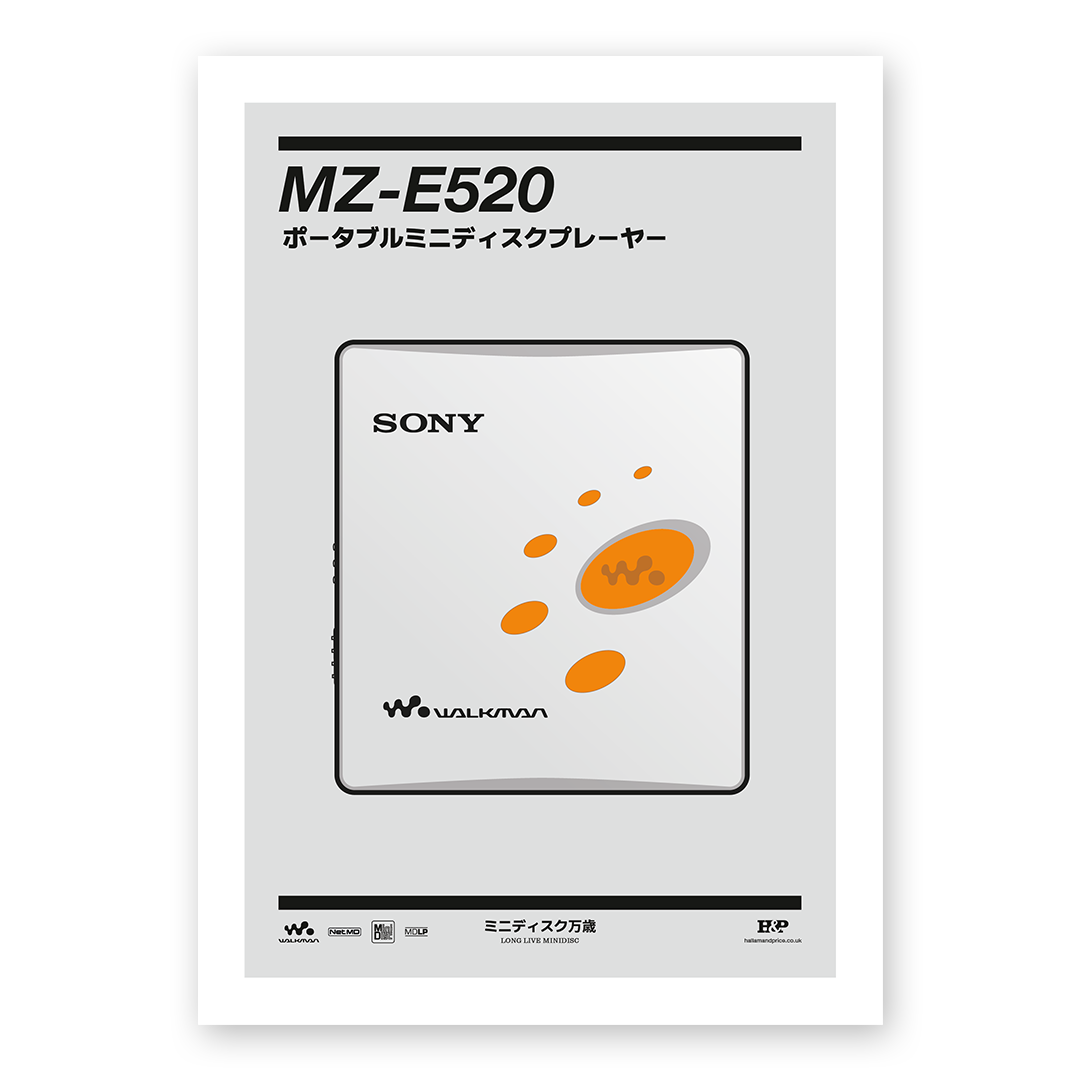 An original Sony MZ-E520 MiniDisc player poster design - a minimal illustration of Sony's iconic MZ-E520 MD player in the grey and orange colour way, on a clean grey background.