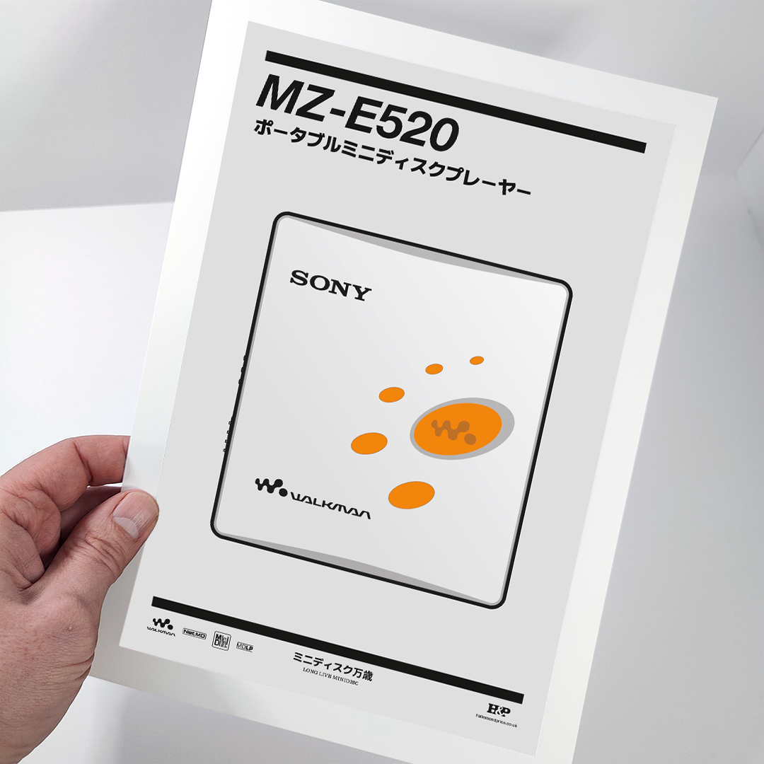 An original Sony MZ-E520 MiniDisc player poster design - a minimal illustration of Sony's iconic MZ-E520 MD player in the grey and orange colour way, on a clean grey background.