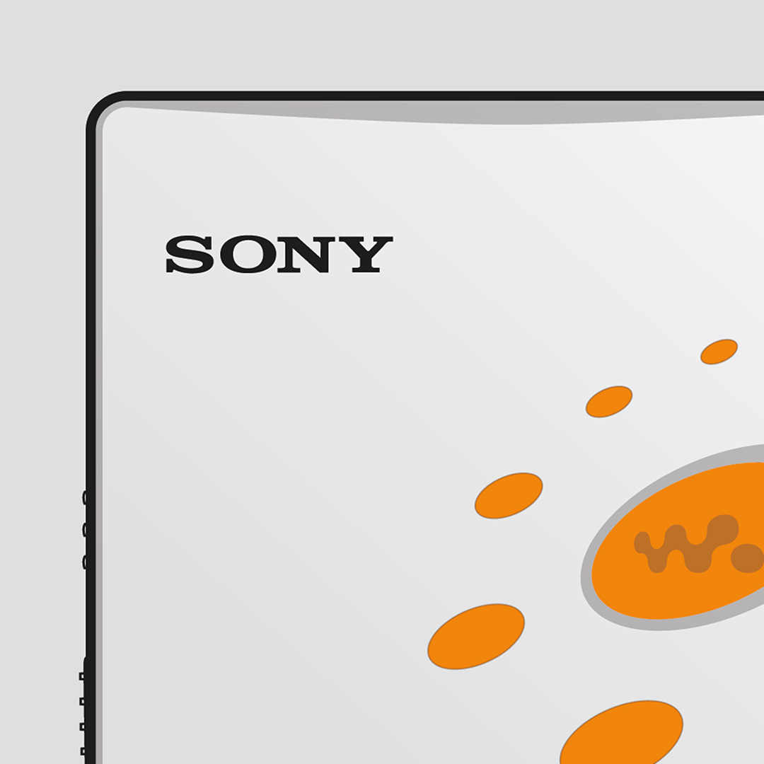 An original Sony MZ-E520 MiniDisc player poster design - a minimal illustration of Sony's iconic MZ-E520 MD player in the grey and orange colour way, on a clean grey background.