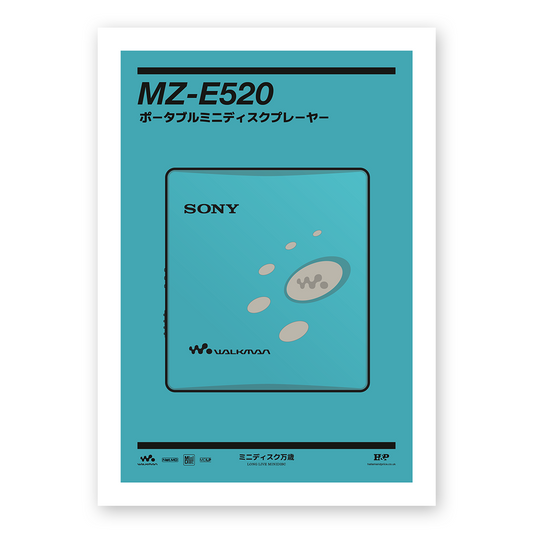An original Sony MZ-E520 MiniDisc player poster design - a minimal illustration of Sony's iconic MZ-E520 MD player in the blue colour way, on a clean blue background.