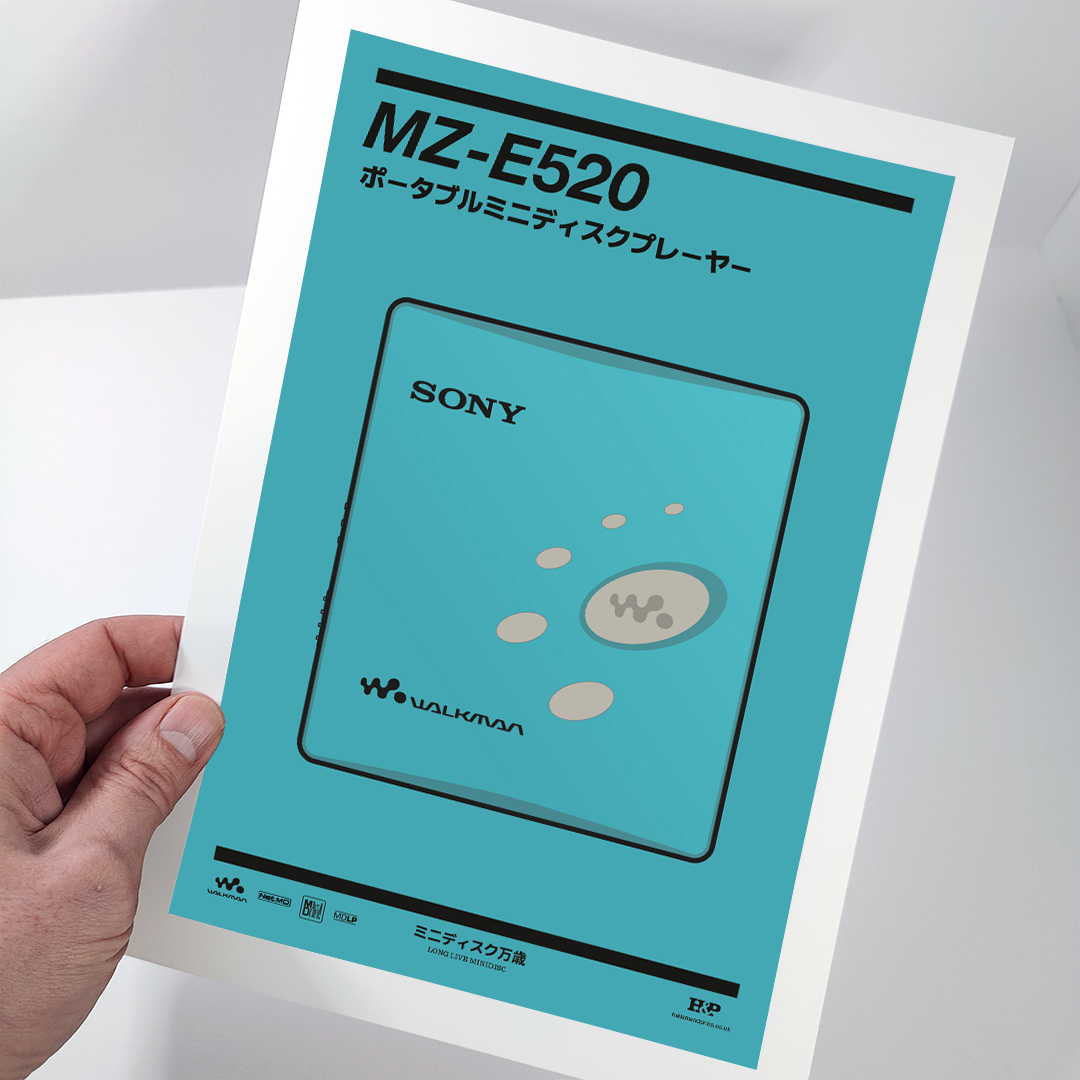 An original Sony MZ-E520 MiniDisc player poster design - a minimal illustration of Sony's iconic MZ-E520 MD player in the blue colour way, on a clean blue background.