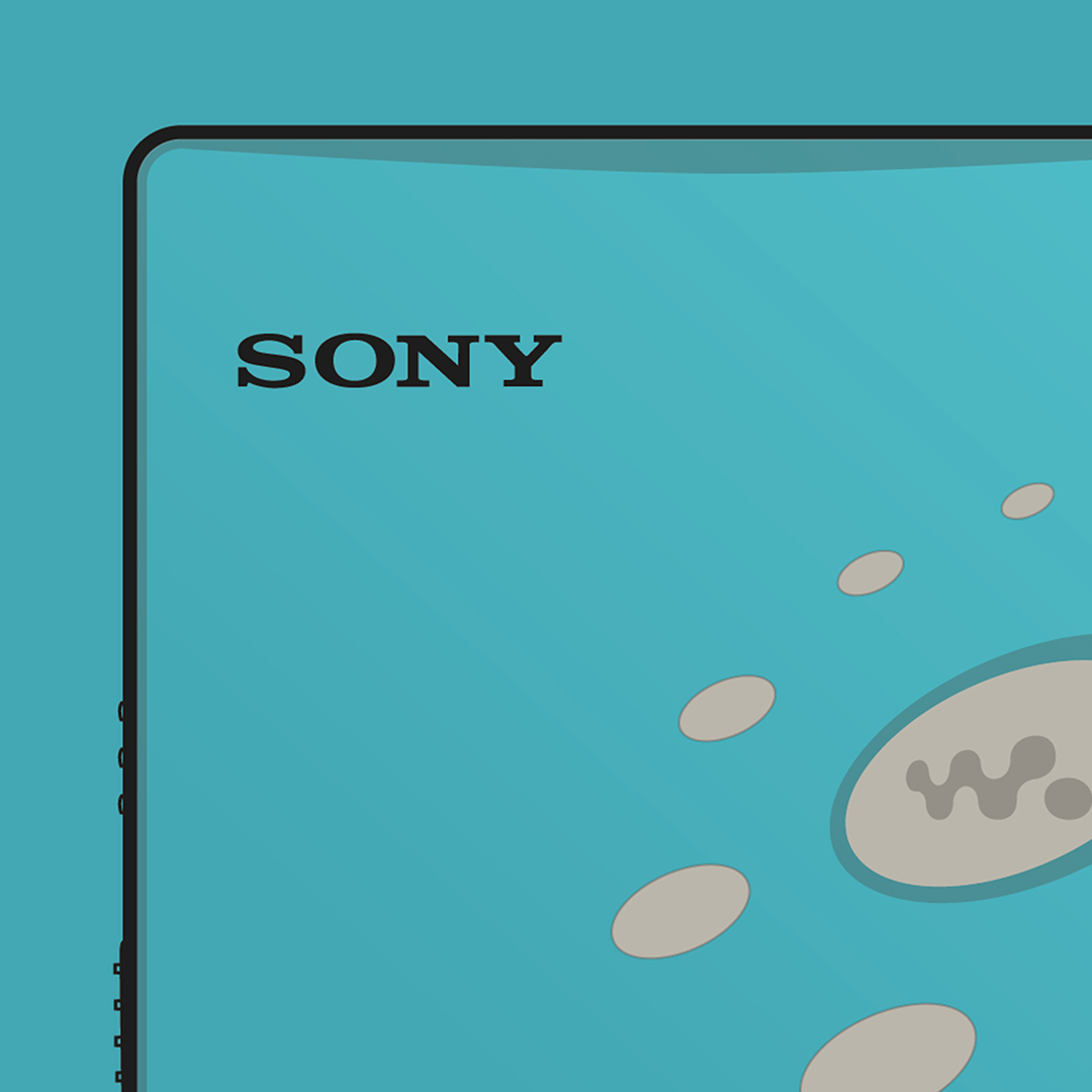 An original Sony MZ-E520 MiniDisc player poster design - a minimal illustration of Sony's iconic MZ-E520 MD player in the blue colour way, on a clean blue background.