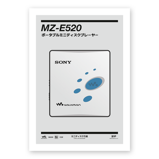 An original Sony MZ-E520 MiniDisc player poster design - a minimal illustration of Sony's iconic MZ-E520 MD player in the grey and blue colour way, on a clean grey background.