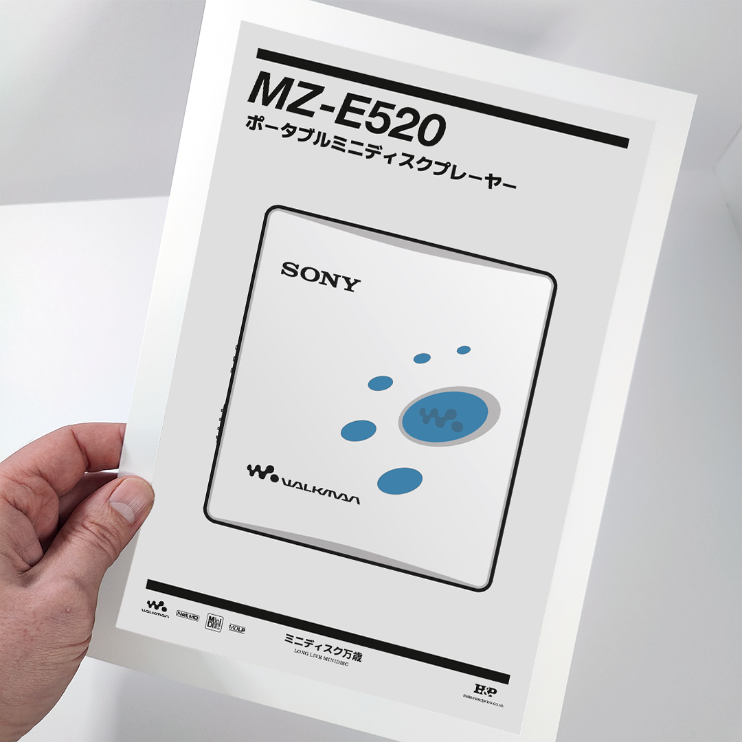 An original Sony MZ-E520 MiniDisc player poster design - a minimal illustration of Sony's iconic MZ-E520 MD player in the grey and blue colour way, on a clean grey background.