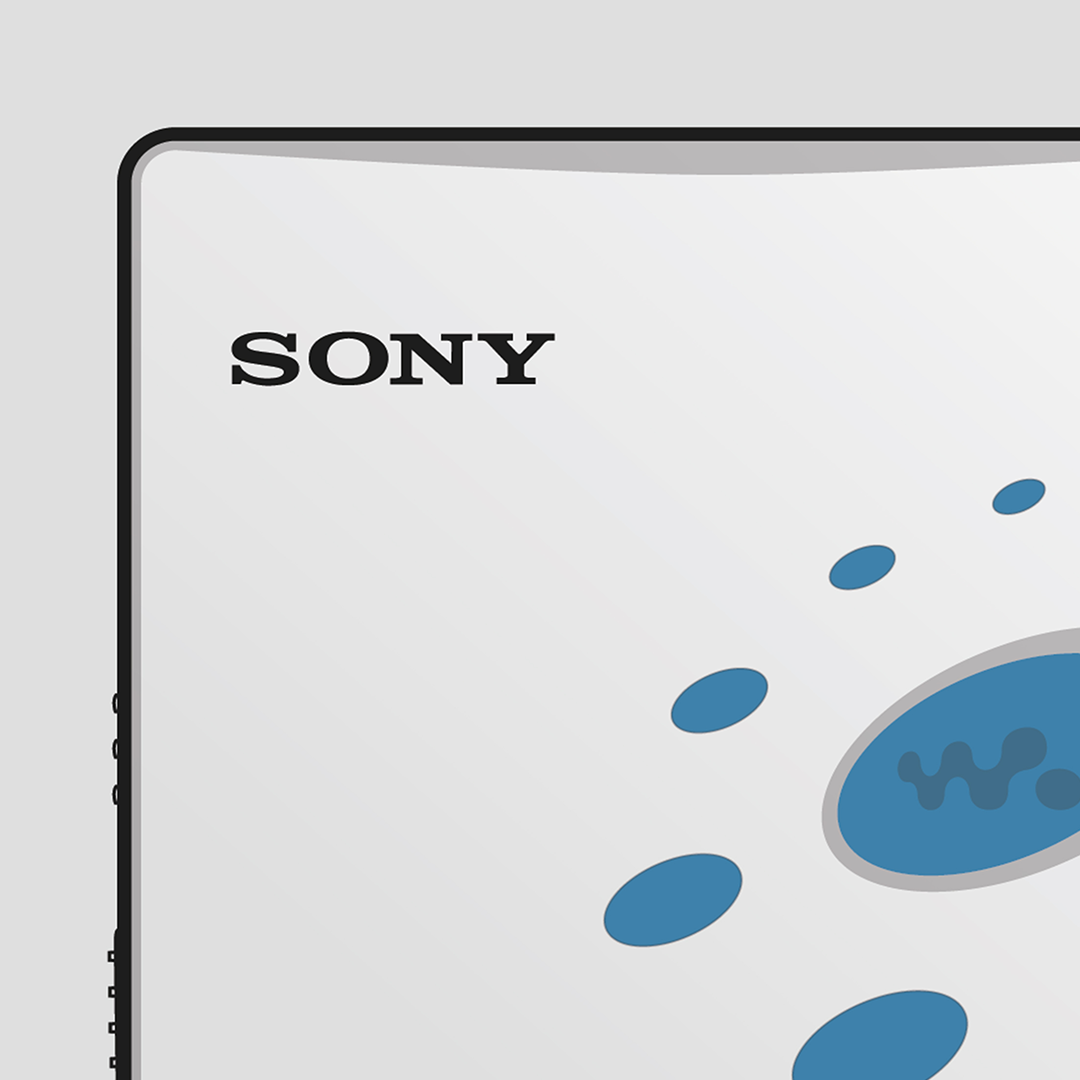 An original Sony MZ-E520 MiniDisc player poster design - a minimal illustration of Sony's iconic MZ-E520 MD player in the grey and blue colour way, on a clean grey background.