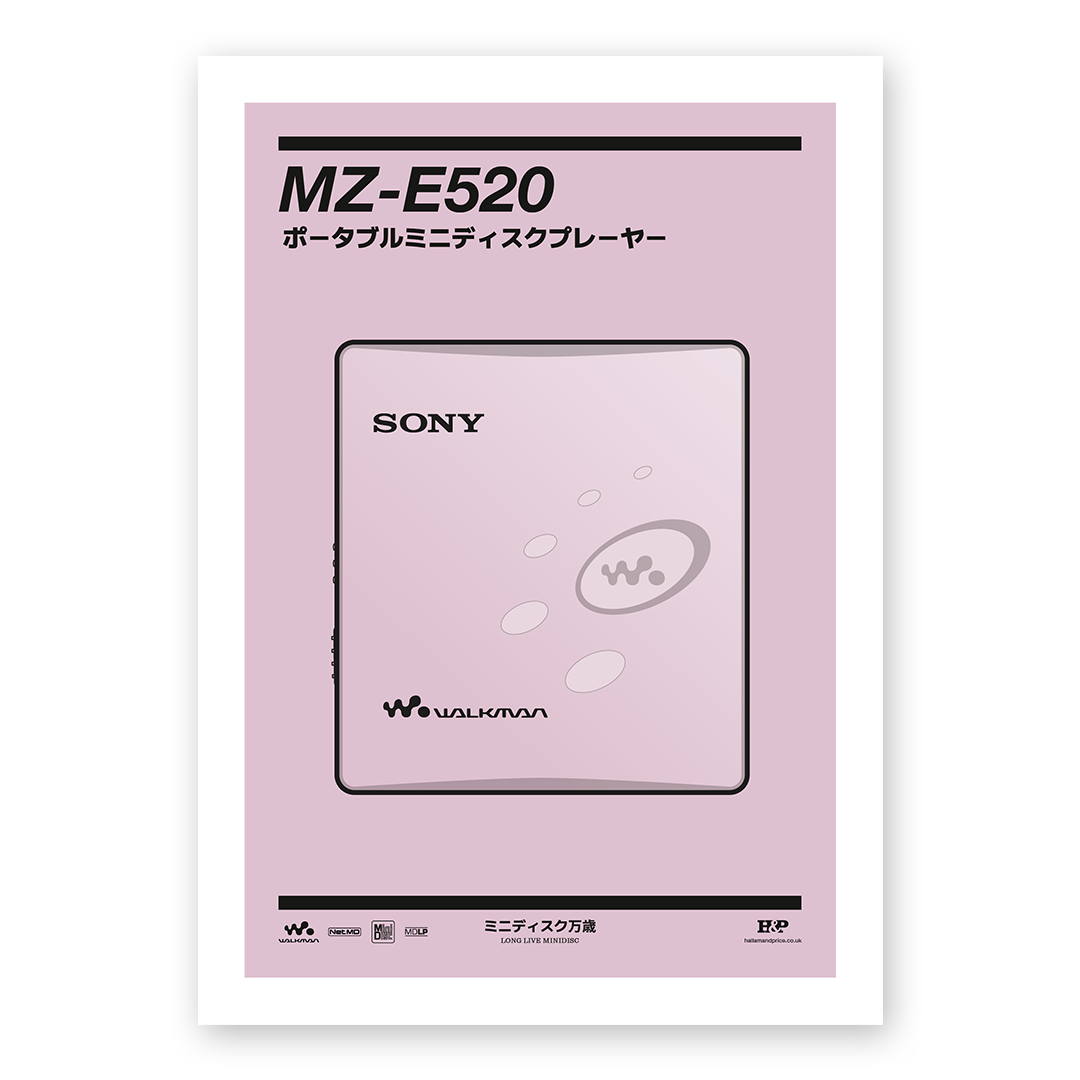 An original Sony MZ-E520 MiniDisc player poster design - a minimal illustration of Sony's iconic MZ-E520 MD player in the pink colour way, on a clean pink background.