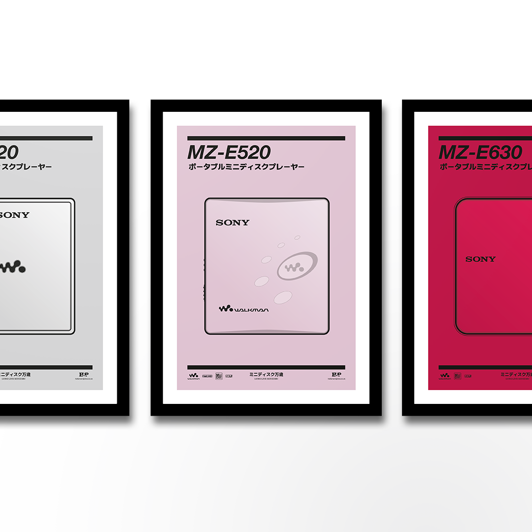 An original Sony MZ-E520 MiniDisc player poster design - a minimal illustration of Sony's iconic MZ-E520 MD player in the pink colour way, on a clean pink background.