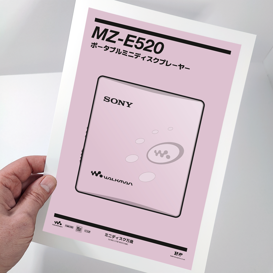An original Sony MZ-E520 MiniDisc player poster design - a minimal illustration of Sony's iconic MZ-E520 MD player in the pink colour way, on a clean pink background.