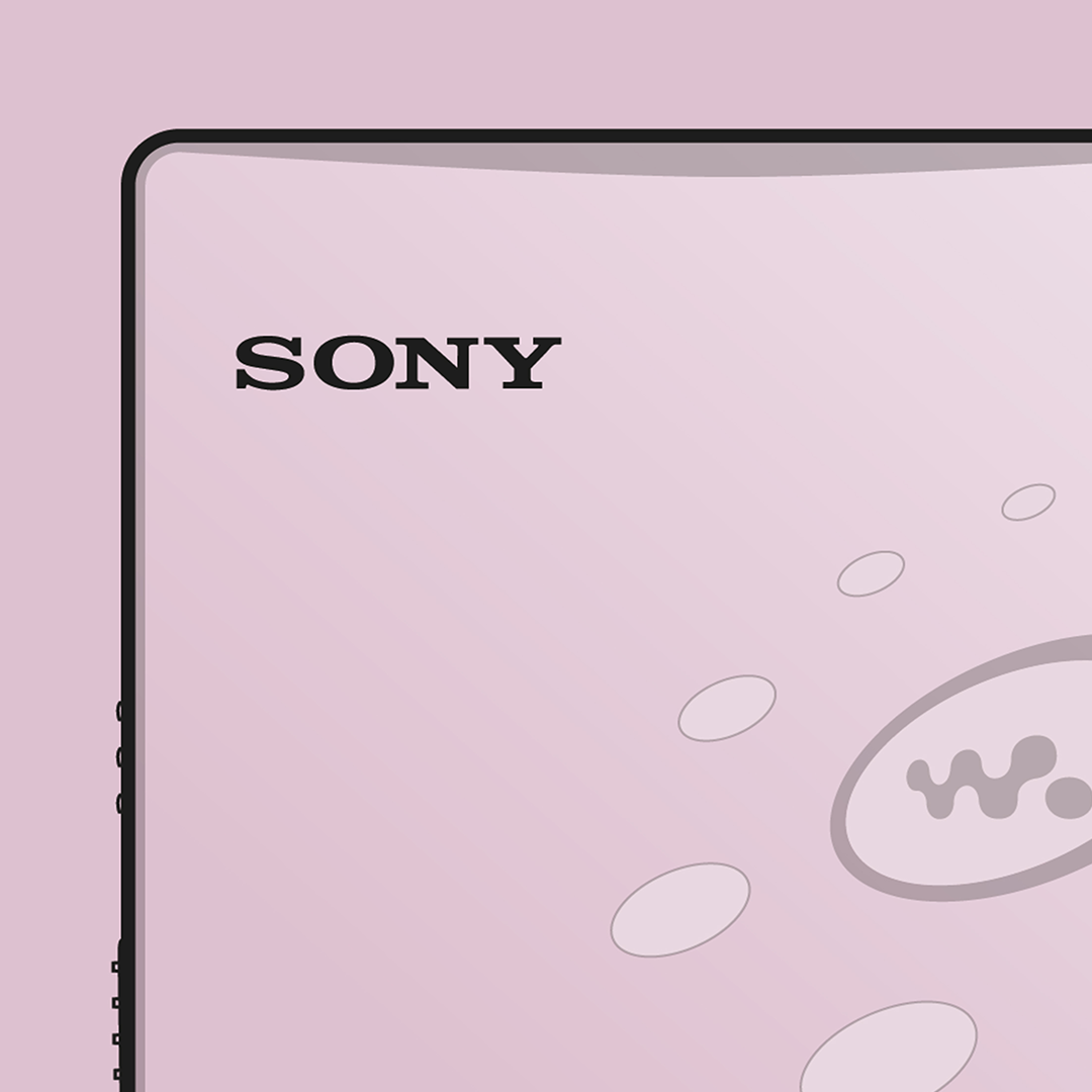 An original Sony MZ-E520 MiniDisc player poster design - a minimal illustration of Sony's iconic MZ-E520 MD player in the pink colour way, on a clean pink background.