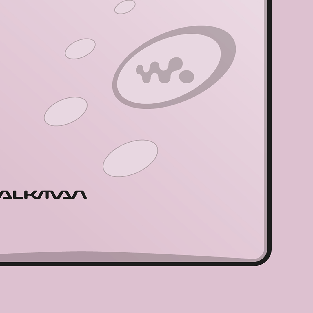 An original Sony MZ-E520 MiniDisc player poster design - a minimal illustration of Sony's iconic MZ-E520 MD player in the pink colour way, on a clean pink background.