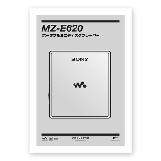 An original Sony MZ-E620 MiniDisc player poster design - a minimal illustration of Sony's iconic MZ-E620 MD player in the silver colour way, on a clean grey background.