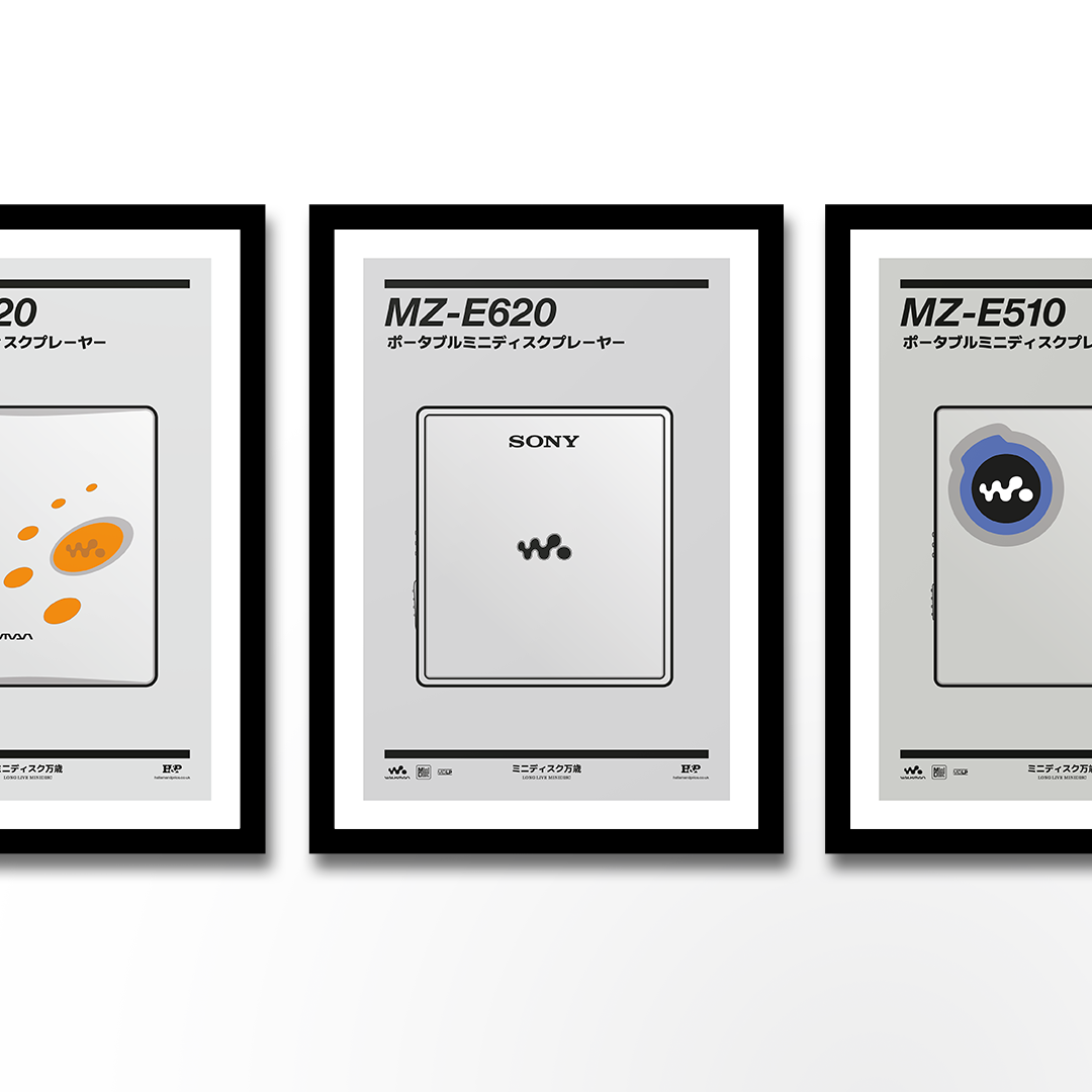 An original Sony MZ-E620 MiniDisc player poster design - a minimal illustration of Sony's iconic MZ-E620 MD player in the silver colour way, on a clean grey background.