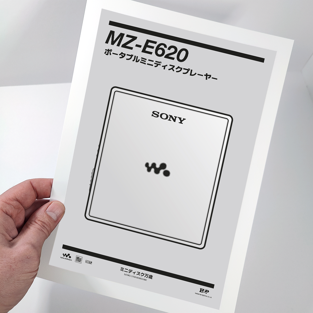 An original Sony MZ-E620 MiniDisc player poster design - a minimal illustration of Sony's iconic MZ-E620 MD player in the silver colour way, on a clean grey background.