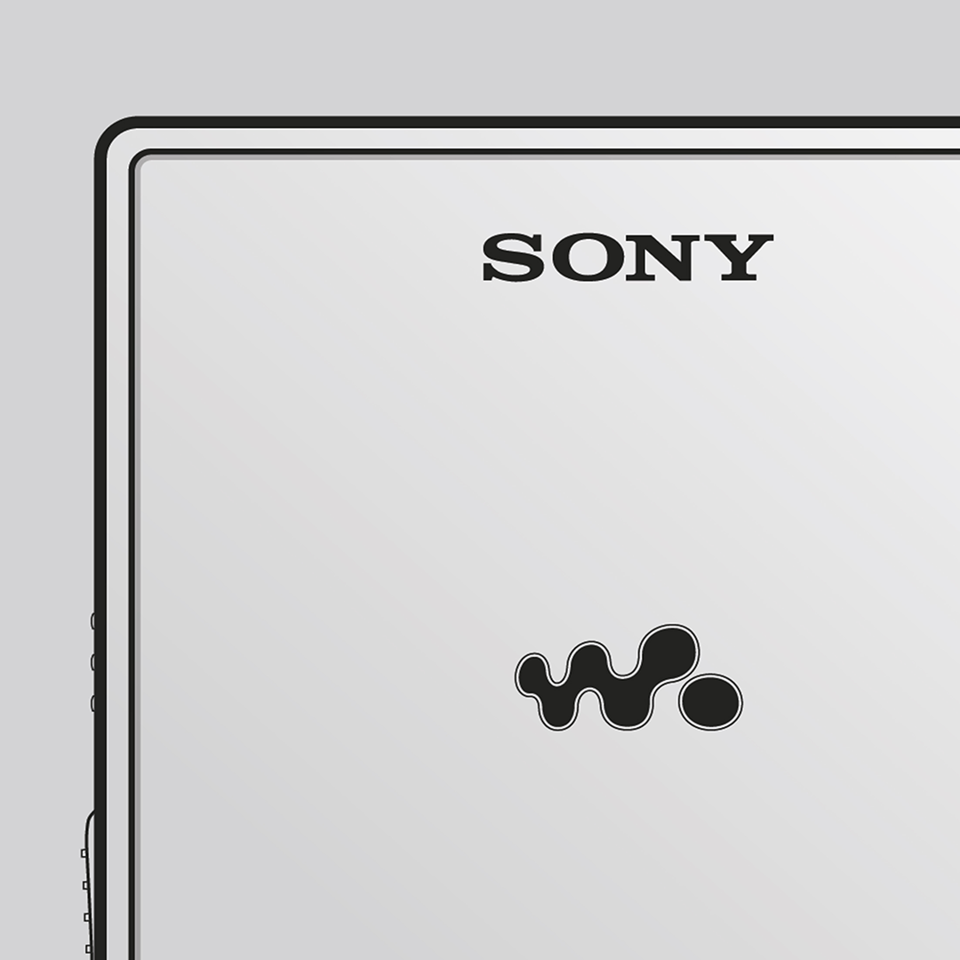 An original Sony MZ-E620 MiniDisc player poster design - a minimal illustration of Sony's iconic MZ-E620 MD player in the silver colour way, on a clean grey background.
