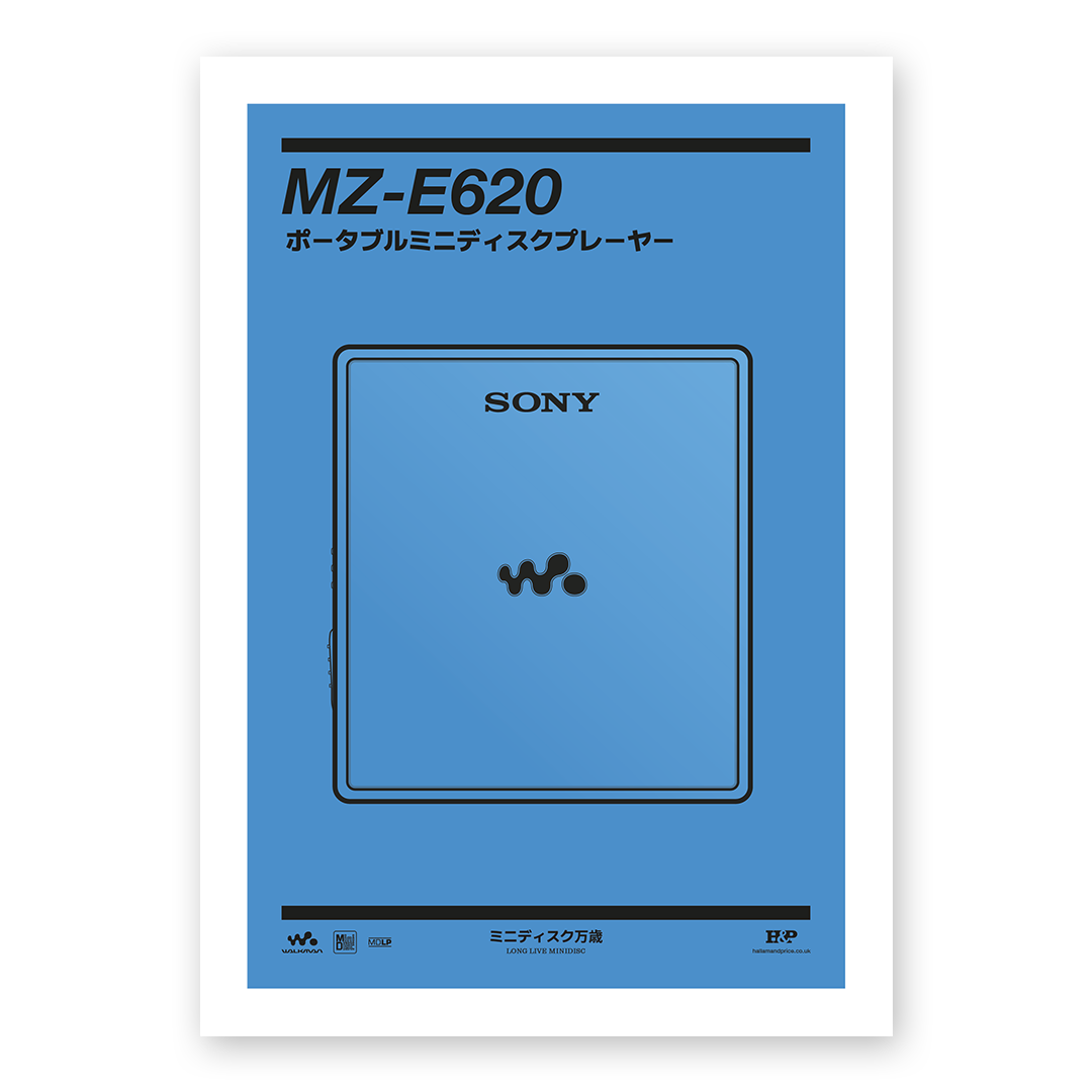 An original Sony MZ-E620 MiniDisc player poster design - a minimal illustration of Sony's iconic MZ-E620 MD player in the blue colour way, on a clean blue background.