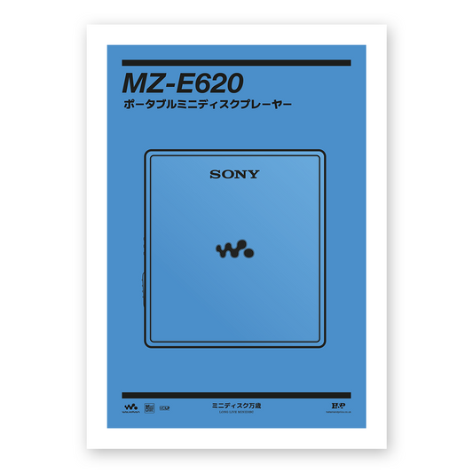 An original Sony MZ-E620 MiniDisc player poster design - a minimal illustration of Sony's iconic MZ-E620 MD player in the blue colour way, on a clean blue background.