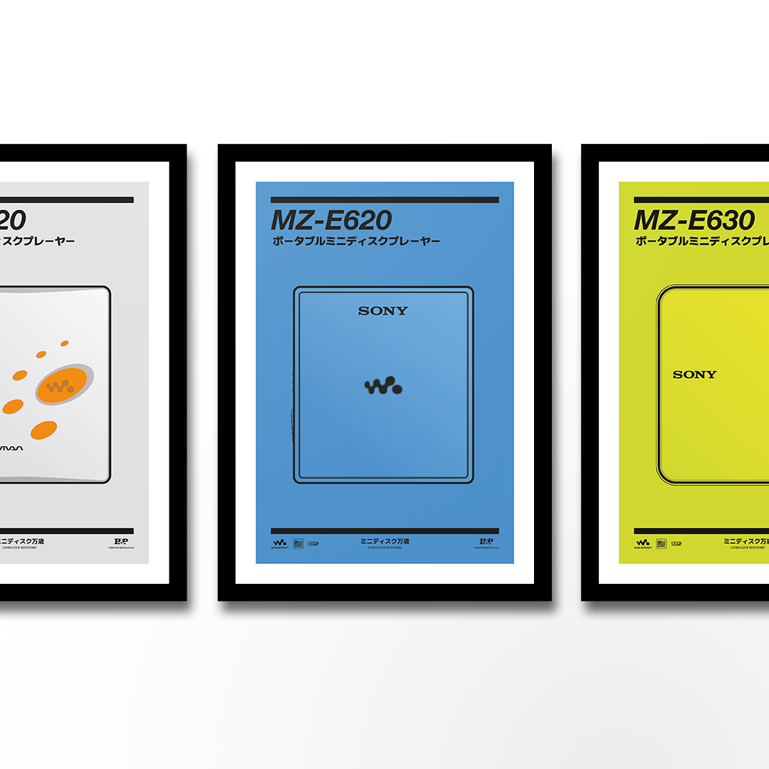 An original Sony MZ-E620 MiniDisc player poster design - a minimal illustration of Sony's iconic MZ-E620 MD player in the blue colour way, on a clean blue background.