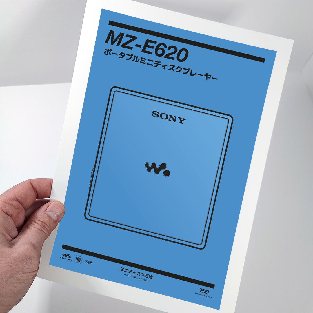 An original Sony MZ-E620 MiniDisc player poster design - a minimal illustration of Sony's iconic MZ-E620 MD player in the blue colour way, on a clean blue background.