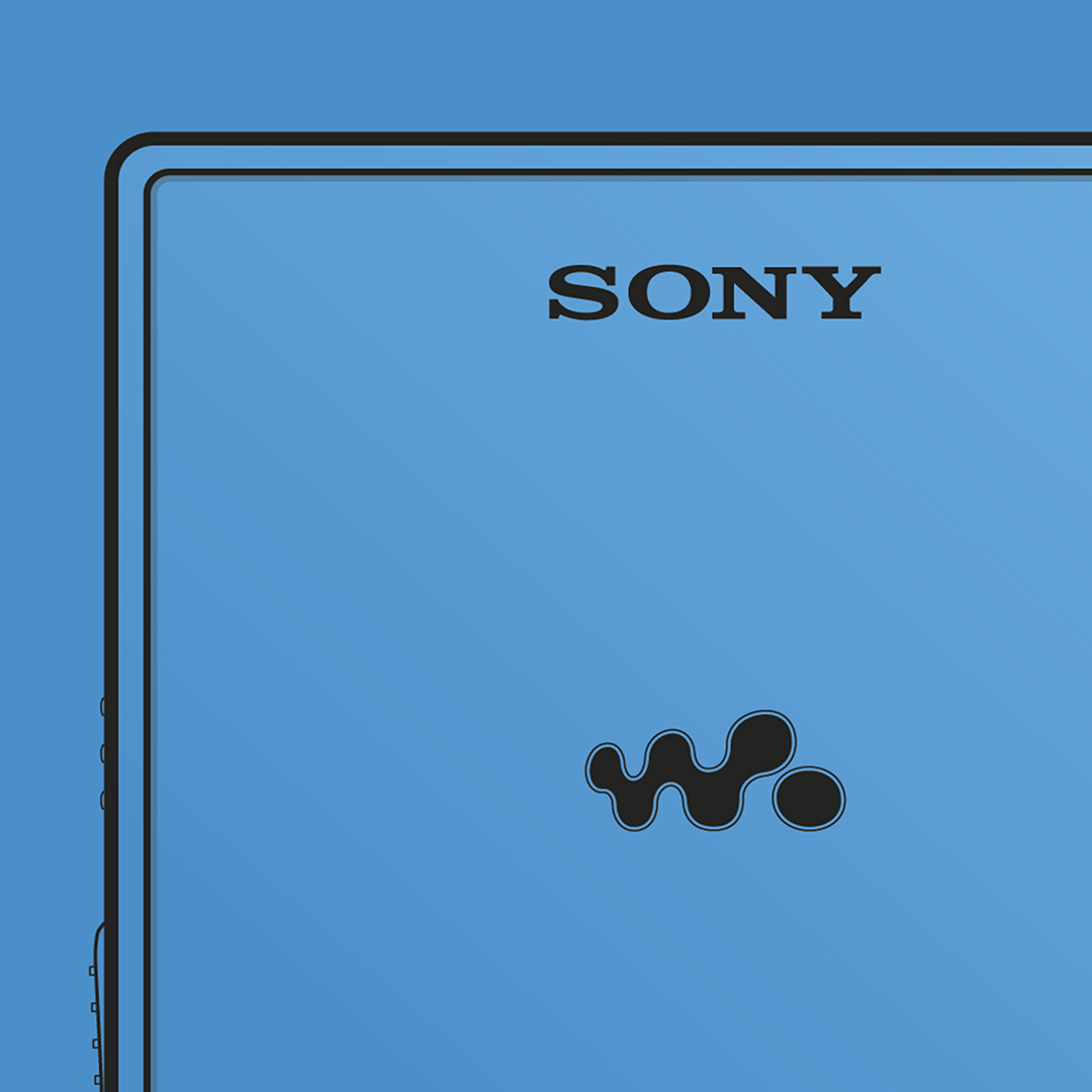 An original Sony MZ-E620 MiniDisc player poster design - a minimal illustration of Sony's iconic MZ-E620 MD player in the blue colour way, on a clean blue background.