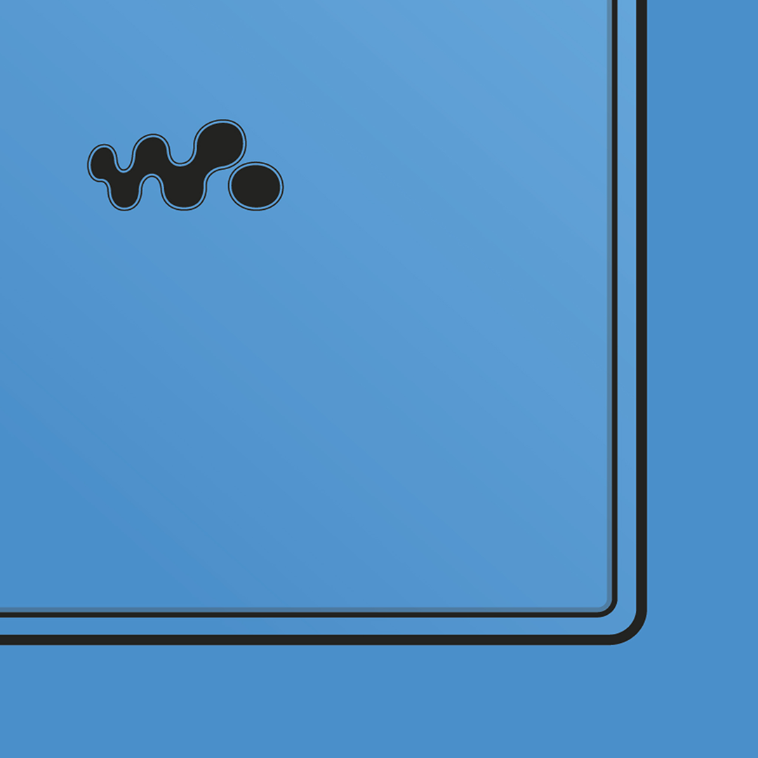 An original Sony MZ-E620 MiniDisc player poster design - a minimal illustration of Sony's iconic MZ-E620 MD player in the blue colour way, on a clean blue background.