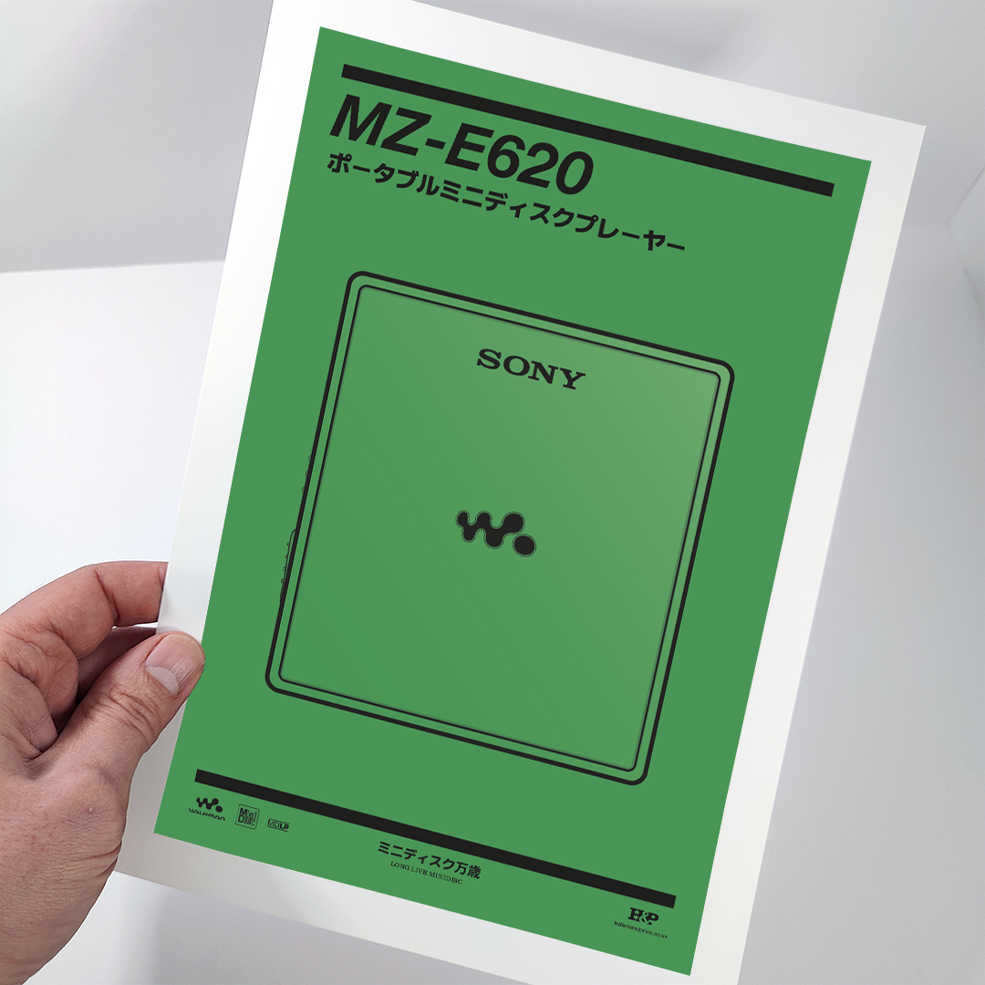 An original Sony MZ-E620 MiniDisc player poster design - a minimal illustration of Sony's iconic MZ-E620 MD player in the green colour way, on a clean green background.