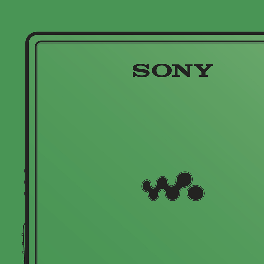 An original Sony MZ-E620 MiniDisc player poster design - a minimal illustration of Sony's iconic MZ-E620 MD player in the green colour way, on a clean green background.