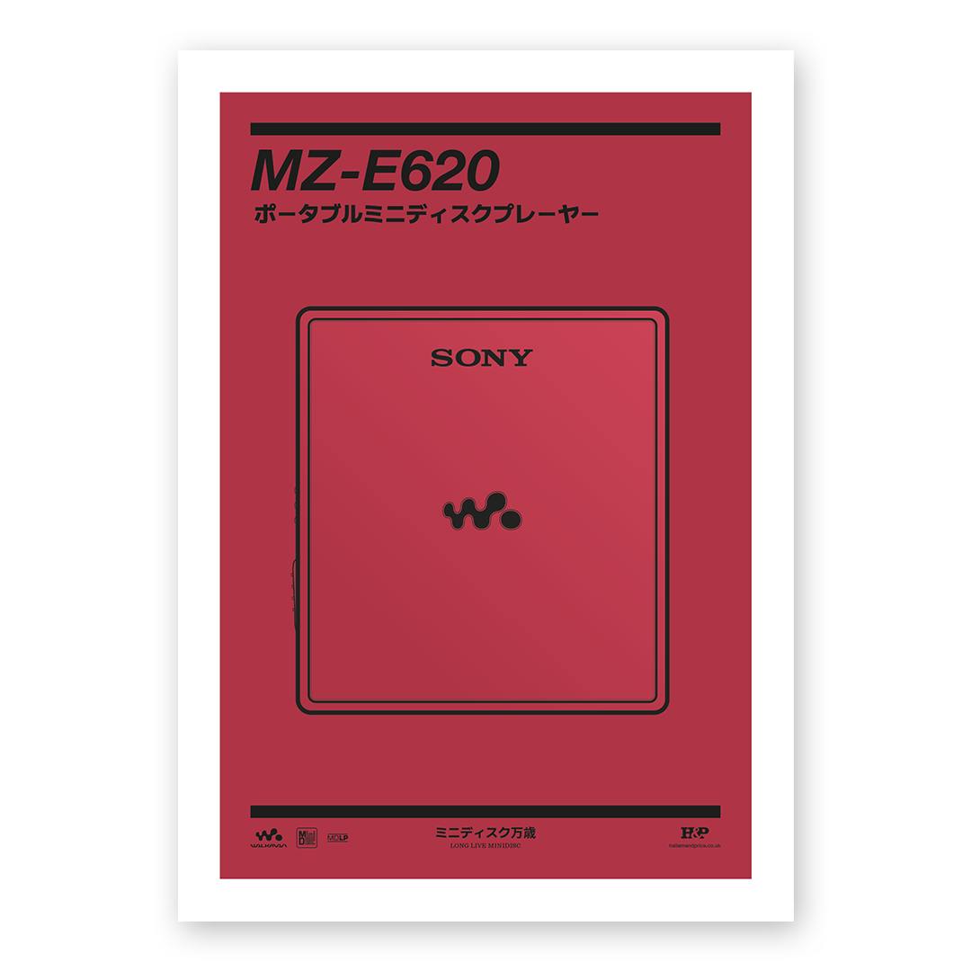 An original Sony MZ-E620 MiniDisc player poster design - a minimal illustration of Sony's iconic MZ-E620 MD player in the red colour way, on a clean red background.