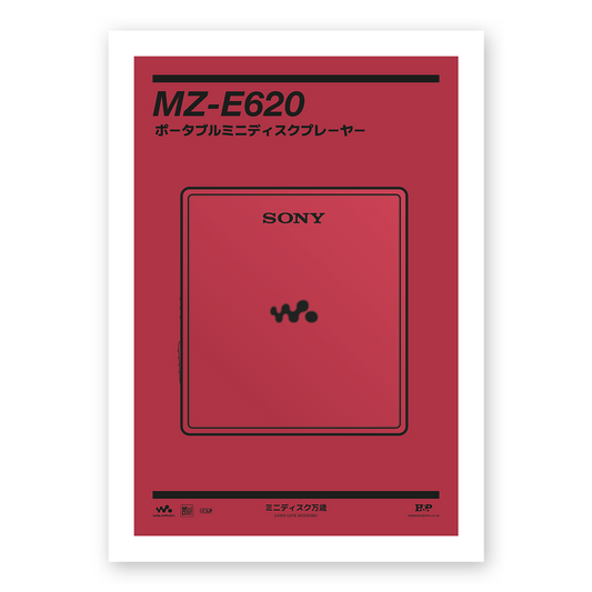 An original Sony MZ-E620 MiniDisc player poster design - a minimal illustration of Sony's iconic MZ-E620 MD player in the red colour way, on a clean red background.