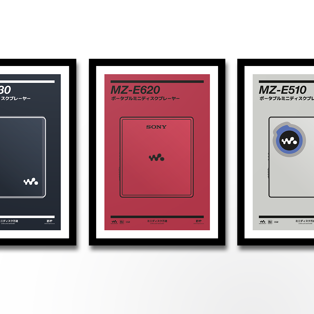 An original Sony MZ-E620 MiniDisc player poster design - a minimal illustration of Sony's iconic MZ-E620 MD player in the red colour way, on a clean red background.